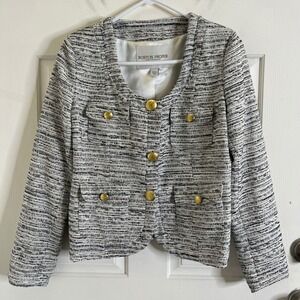 Boston Proper Tweed Blazer Women Size 8 Black White Gold Crest Button Old Money